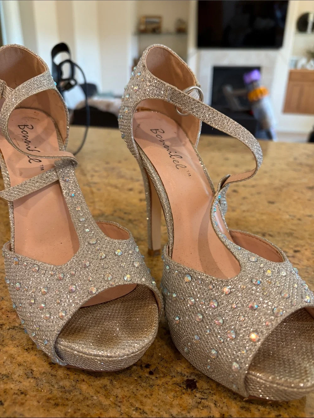 Bonnibel Silver Glitter T-Strap High Heels